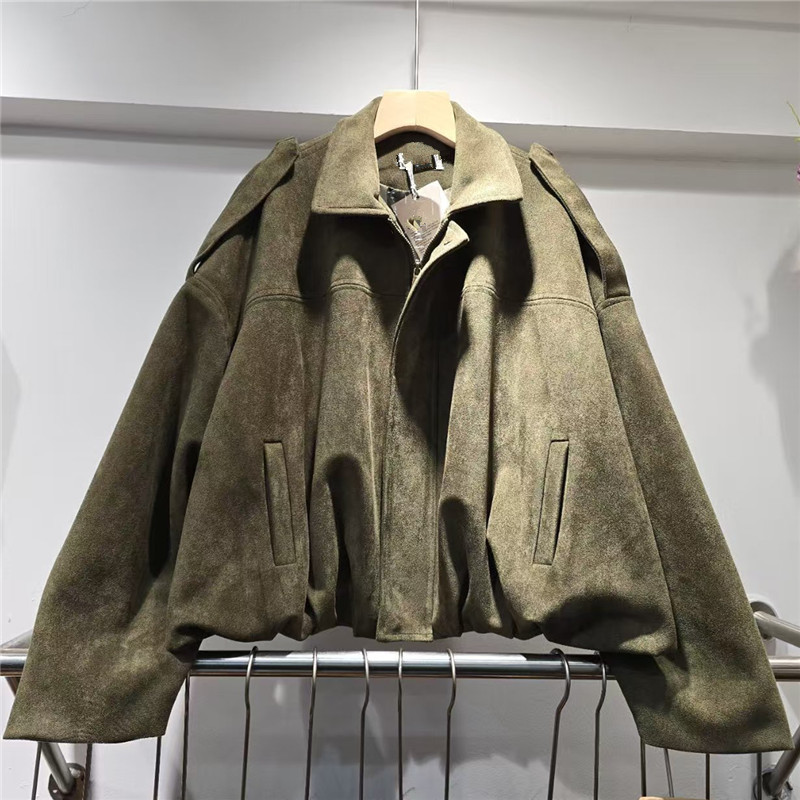 European and American Style 2026 Spring and Autumn New Loose Casual Faux Suede Lapel Bomber Jacket for Women European and American Style 2026 Spring and Autumn New Loose Casual Faux Suede Lapel Bomber Jacket for Women