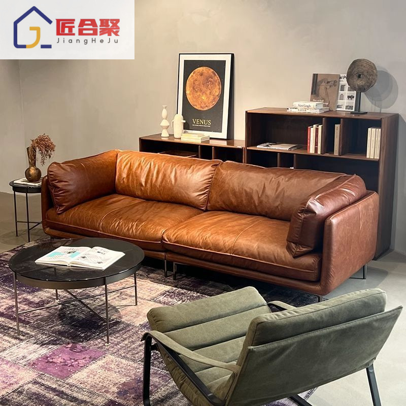 Retro American Leather Sofa Living Room Small Apartment Straight Row Oil Wax Leather Sofa Simple Mid-Century Style Leather Art Sofa