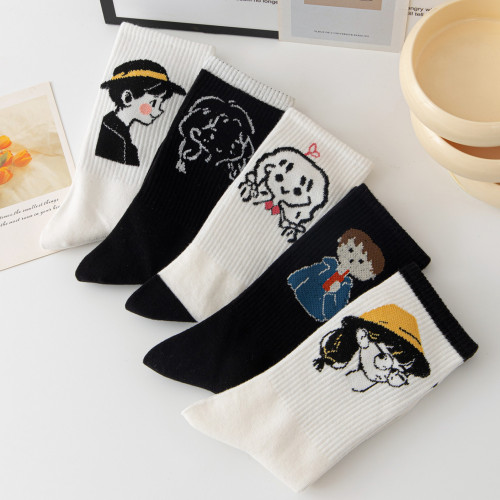 5 pairs of autumn and winter socks women's mid-calf socks ins trendy socks cotton sports sweat-absorbent checkerboard floral long-tube sports socks