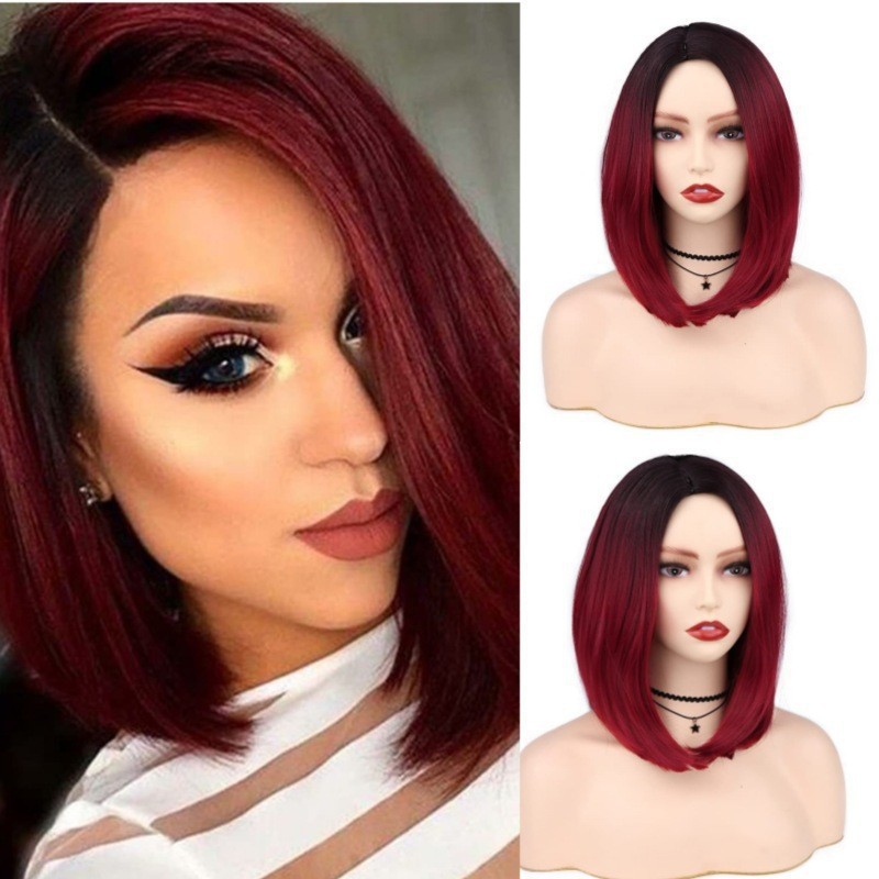 European American Style Short Straight Bob Synthetic Fiber Wig Full Head Center Parting Clip-in Hairpiece_voghion.com