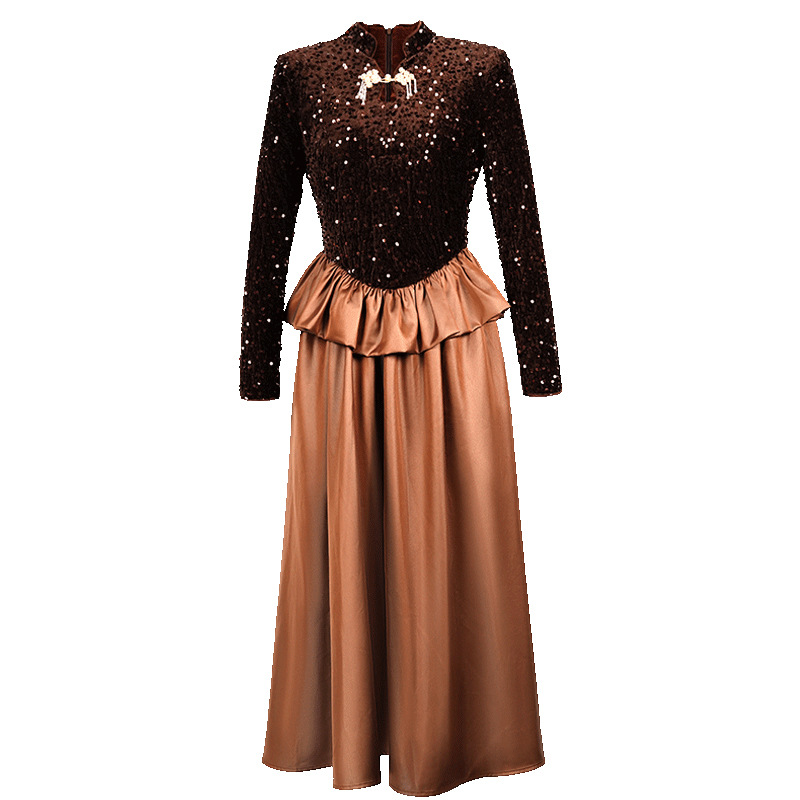 Đầm maxi nữ thắt eo phong cách Trung Hoa thiết kế sequin lấp lánh — Cà phê nâu