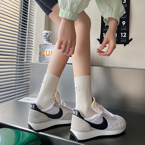 Cotton double needle women's socks Japanese heel cream cloth stack socks vertical strips macaron mid-tube socks