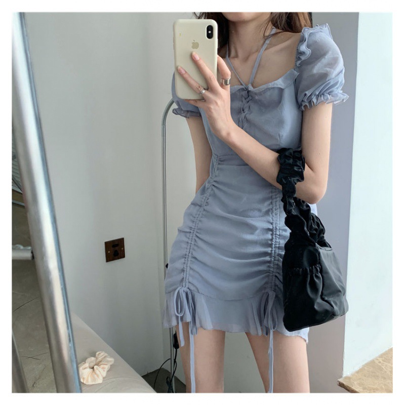2022 New Dress Sexy Hot Girl Pure Desire Wind One Word Neck Fishtail Short Skirt Bag Hip Skirt Student Spring And Summer