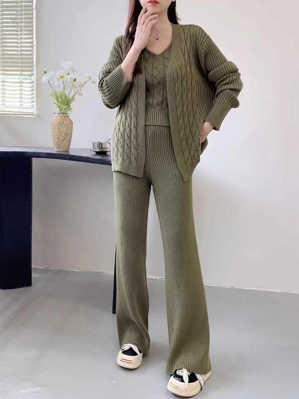 Autunno Inverno Lazy Maglia Donna Cardigan Largo Cinghie Fondo Camicia Pantaloni Gamba Larga Estesi Set Pezzo_voghion.com