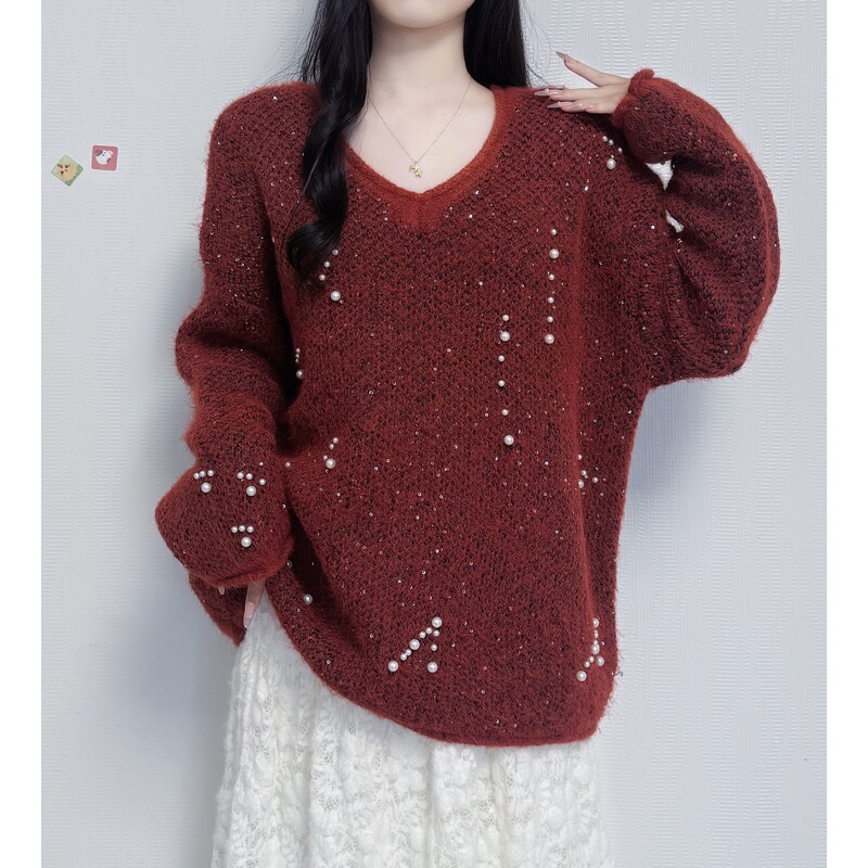 Sequin New Style Knit Sweater Top 2025 Plus-Size Women's Autumn and Winter Regular Shoulder Sweater V-Neck Large Size Beaded Slimming Red Sequin New Style Knit Sweater Top 2025 Plus-Size Women's Autumn and Winter Regular Shoulder Sweater V-Neck Large Size Beaded Slimming Red