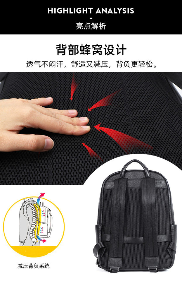Ba lô nam da bò thật đan dệt đa chức năng có ngăn laptop 15 inch — Màu đen chi tiết 5