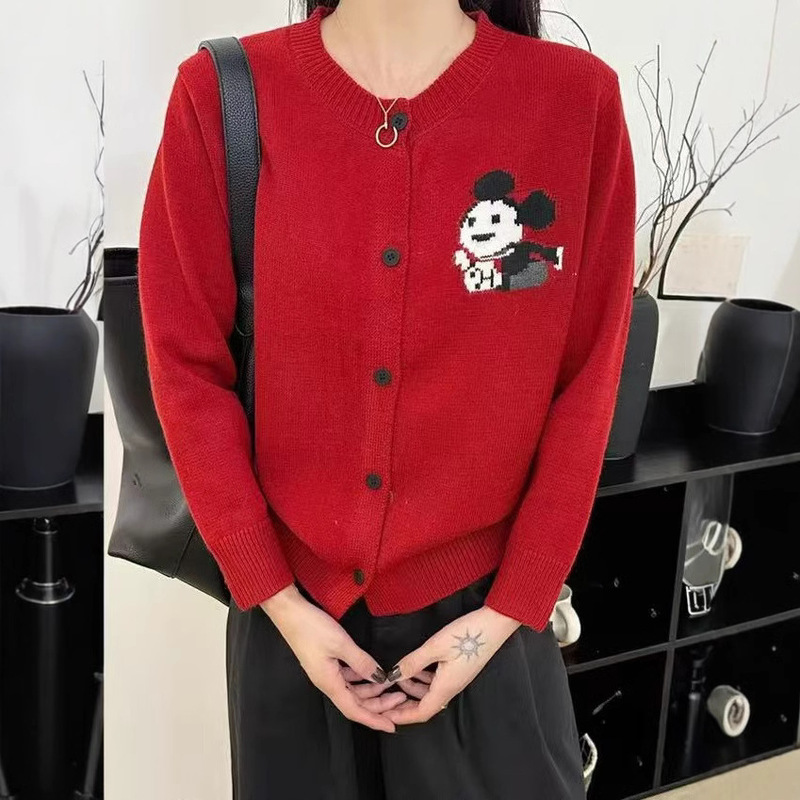 Korean Style Fashionable Red Atmosphere High-texture Soft Waxy Cartoon Mickey Knitted Cardigan Slimming Crewneck Sweater Jacket