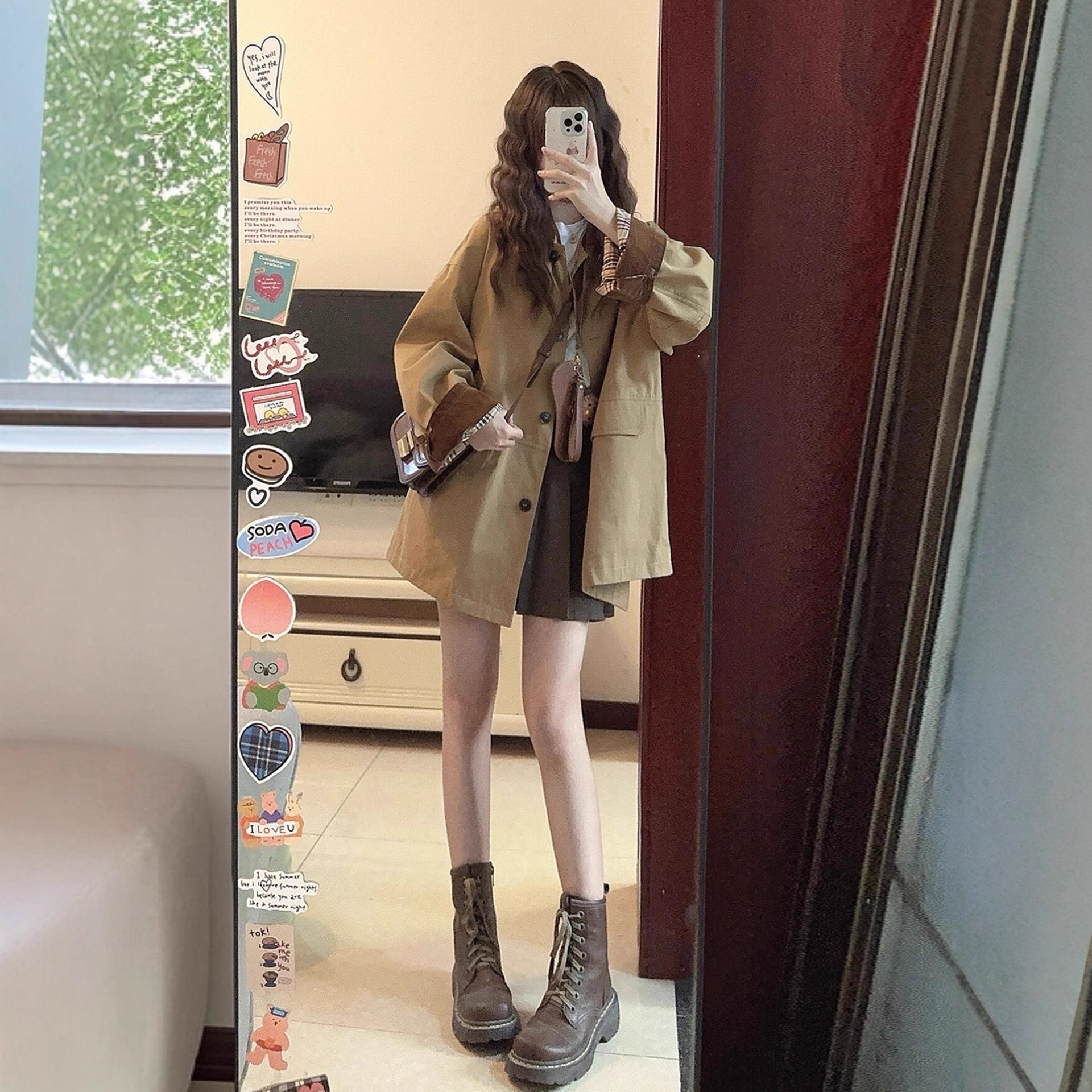 Khaki Mid-Length Windbreaker Jacket for Women 2025 New Style, Very Good-Looking, Popular This Year, Korean Style for Small People