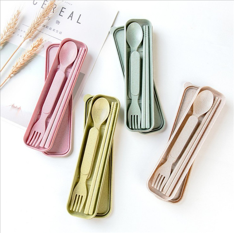 New home wheat straw children's portable tableware outdoor travel tableware set spoon Fork chopsticks three-piece set