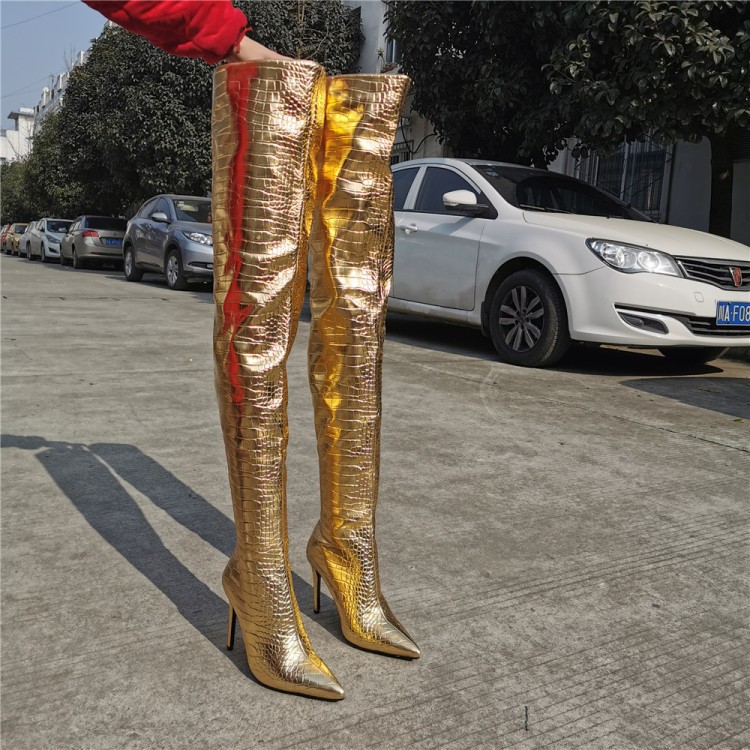 Women's Sexy Gold Knee High Boots Back Zipper High Heels