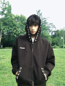 cleanfit黑色珍珠连帽开衫卫衣男款小众钉珠设计感高级感情侣外套