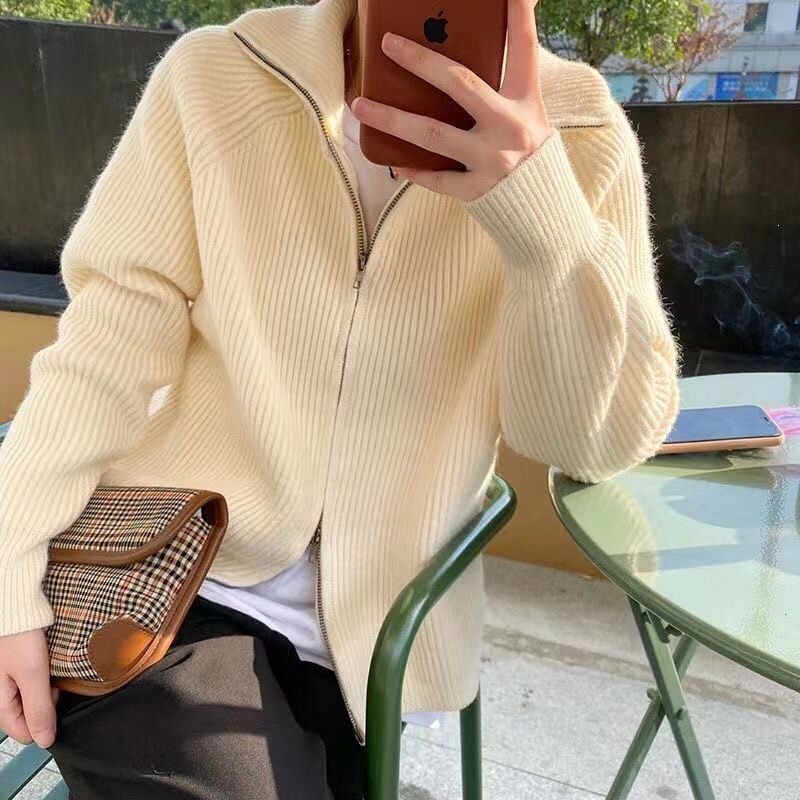 New half-high collar sweater, casual style knitted cardigan, Korean version double zipper ribbed top, loose-fitting women's coat for autumn and winter