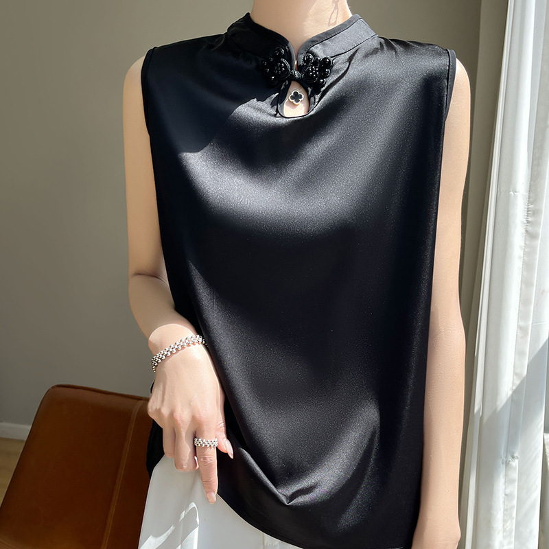 New Chinese Style Sleeveless Vest with Vertical Collar and Buckle National Style Women's Outer Wearing Inner Design Acetic Acid Satin Shirt Cheongsam Top