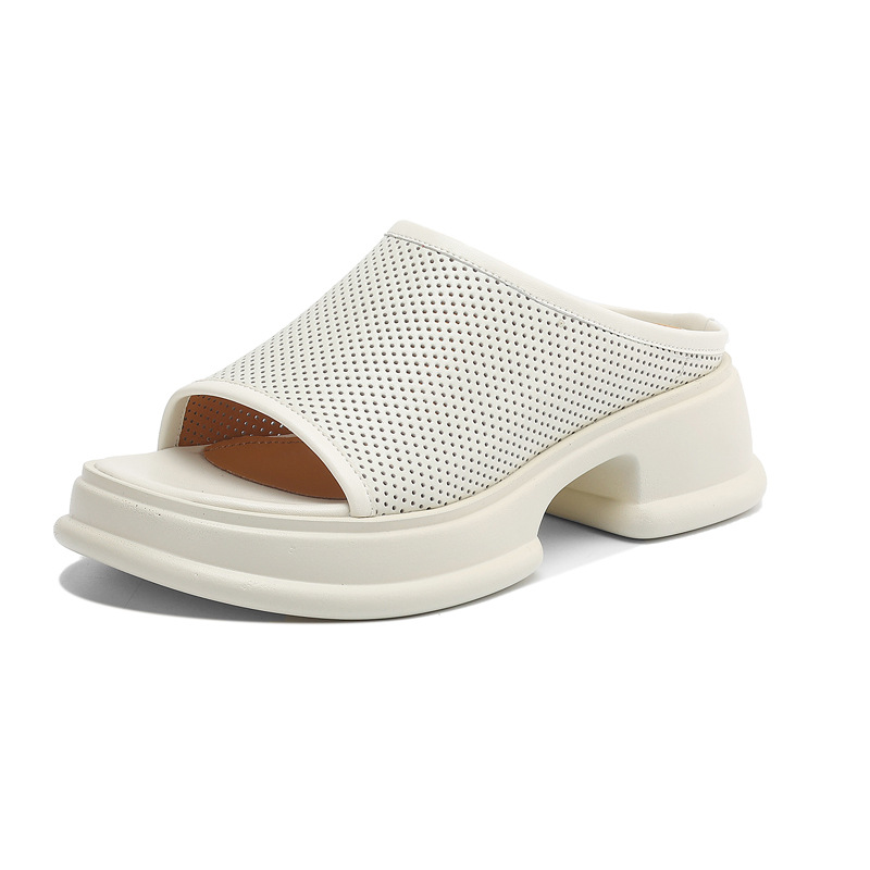 Dép sandal nữ quai ngang đế xuồng da bò, gót cao khoét lỗ — đen