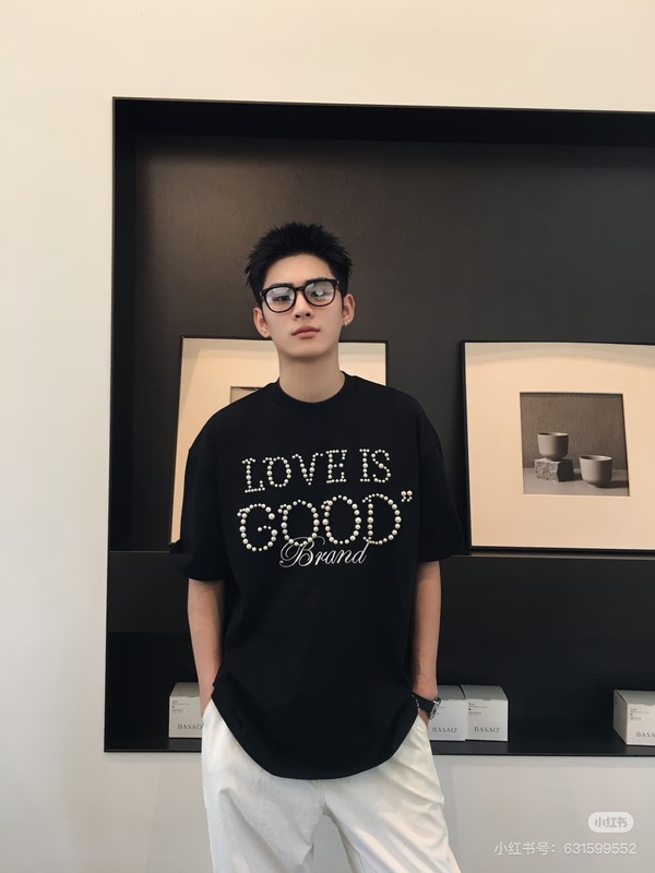 25ss 高品質 GOOD LOVE パールスローガン 半袖 ヘビーデューティー ハイウェイト Tシャツ 男女兼用 ラウンドネック|undefined