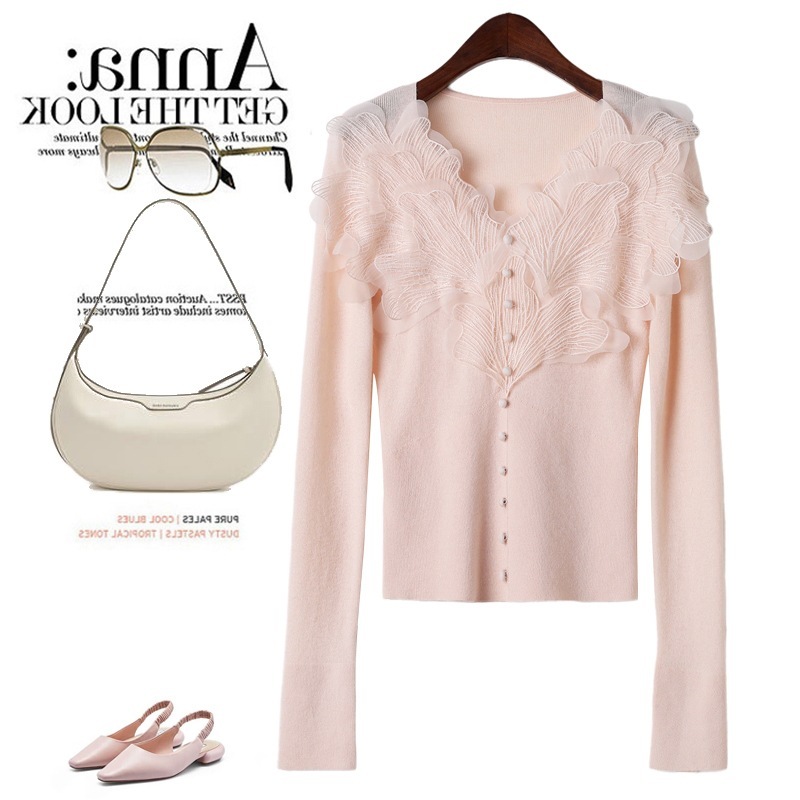 French Elegant ~ Three-dimensional Petal Lace V-neck Wool Knit Top Women's 2024 Autumn New