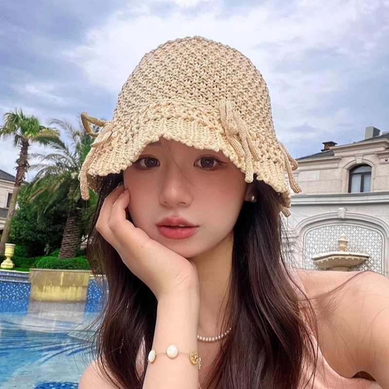Hepburn Style Women's Bowknot Sun Hat For Summer, Breathable Knit_voghion.com