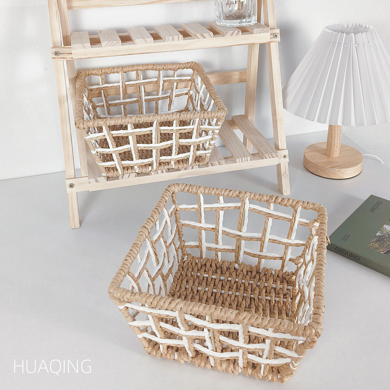 Ins Style Handmade Paper Rope Woven Basket Multifunctional Snack Sundries Organize Basket Hollow Cosmetic Desktop Storage Box