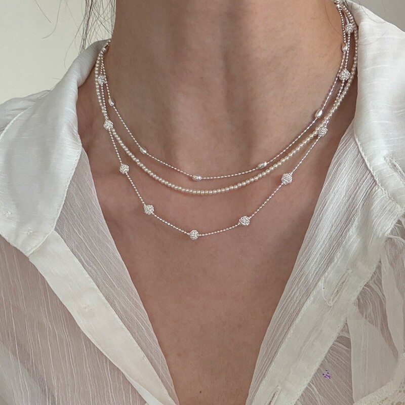 Moonlight Trio: Vintage French-Style Multi-Layered Pearl Ball Necklace, Gentle Style, Niche Design, Collarbone Chain
