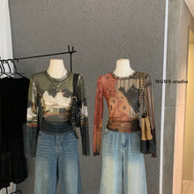 WGWE秋季美式甜酷辣妹风猫咪印花内搭百搭轻薄圆领长袖T恤女W7713