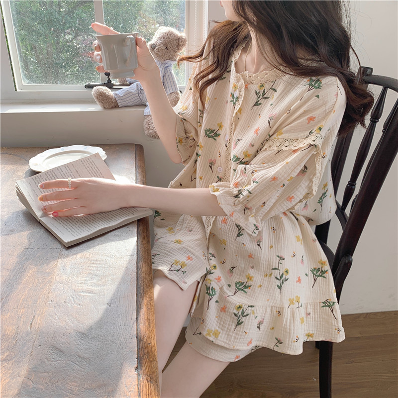 Nuevo pijama de flores de encaje japonés de verano en línea pantalones cortos de manga corta rojos dulces set de ropa para el hogar de estudiantes