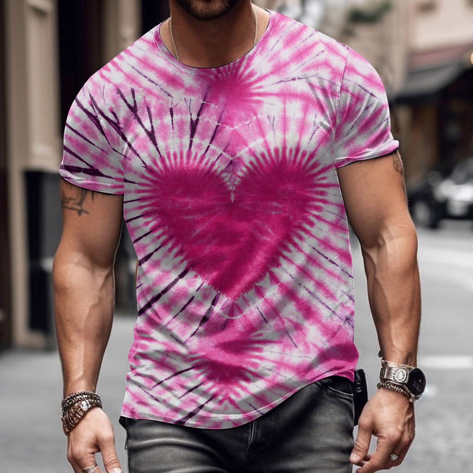 Moda romántica Día de San Valentín colorido amor 3D cepillado lleno de impresión de los hombres calle alta suelta transpirable camiseta de manga corta en stock