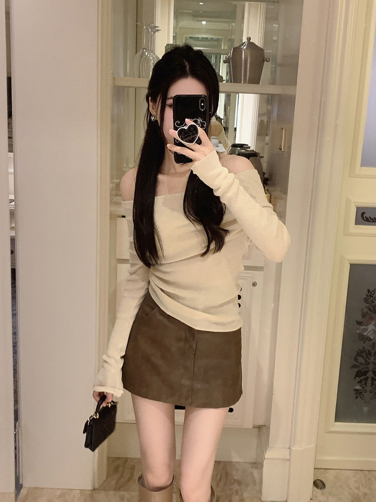 纯欲风小心ji一字肩针织衫女春秋冬季露肩长袖加厚毛衣内搭打底衫