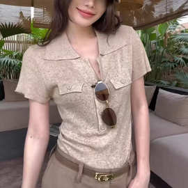 法式气质亚麻复古v领短袖针织衫女夏季设计感修身短款polo衫上衣