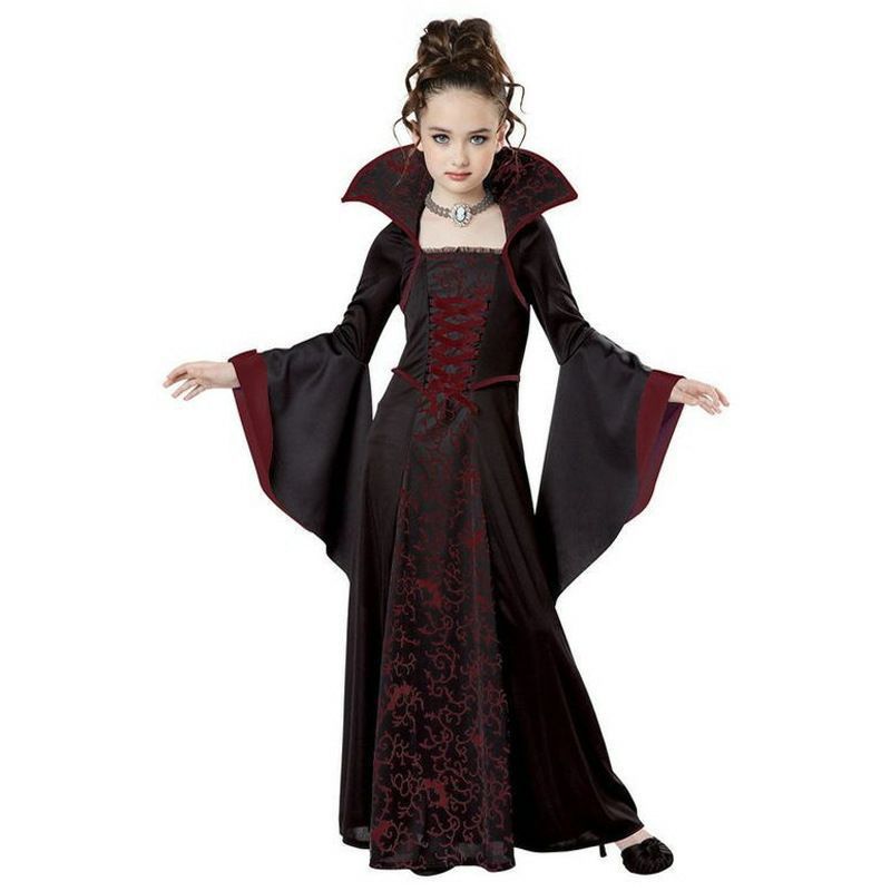 Disfraz de Halloween europeo y americano para niños Traje de bruja Traje de falda larga con estampado de manga acampanada de cuello alto retro medieval