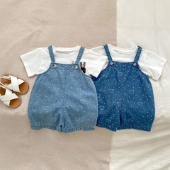Summer Baby Clothes Korean Style Baby 1-3 Years Old Onesie with Polka Dot Bear Denim Overalls Outing Crawling Suit