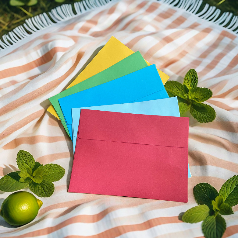 Bolsas de sobres de papel kraft de color occidental transfronterizo A7, papel de liberación, pegamento de agua, sobres engrosados autoadhesivos, personalización avanzada