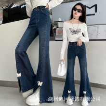 女童秋装开叉牛仔喇叭裤2025新款儿童春秋大童时髦修身弹力牛仔裤