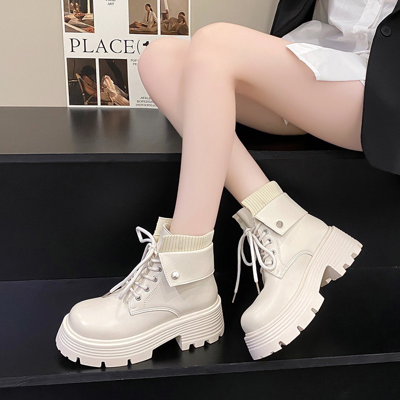British style martin boots women 2024 autumn and winter new thick bottom high sense thin boots all-match fleece-lined short boots cotton boots tide
