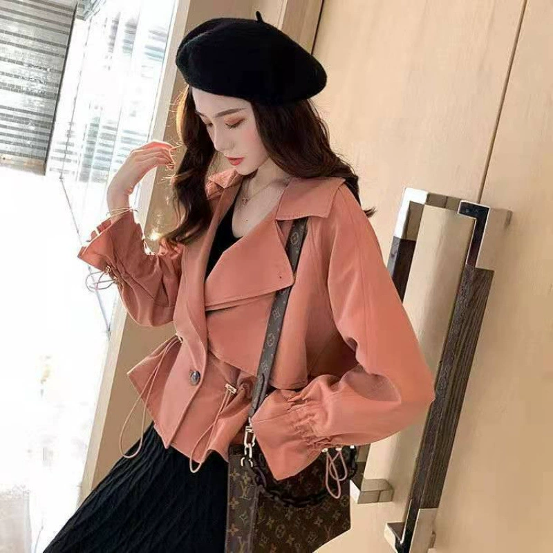 Trench Jacket Korean Style, Drawstring Waist, Solid Autumn Coat for Teens