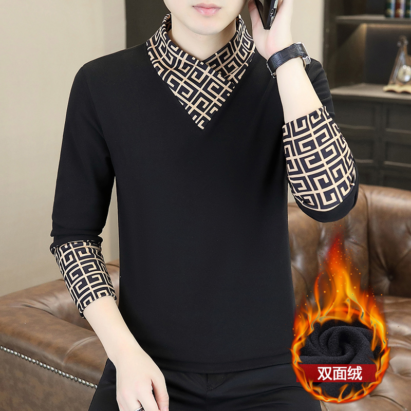 반 높이 칼라 양털 티셔츠 남자 긴팔 가을 겨울 내베이스 티셔츠 남자 미드 칼라 가짜 투피스 가을 옷