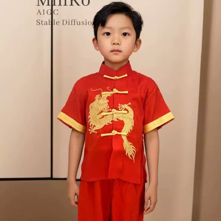 中大童新年男童唐装短袖红色春秋季小童装 小大龙绣龙汉服