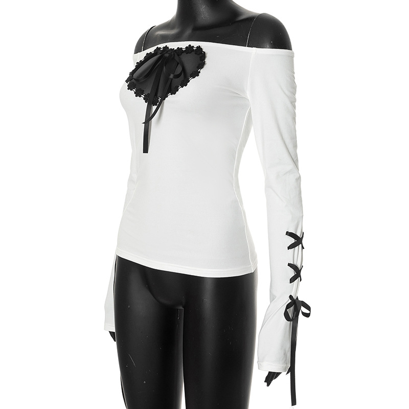 Off Shoulder Hollowed Heart Shape Lace Ribbon Slim Fit Slimming Contrast Color Top Women Long Sleeve Sexy 10 Off Shoulder Hollowed Heart Shape Lace Ribbon Slim Fit Slimming Contrast Color Top Women Long Sleeve Sexy