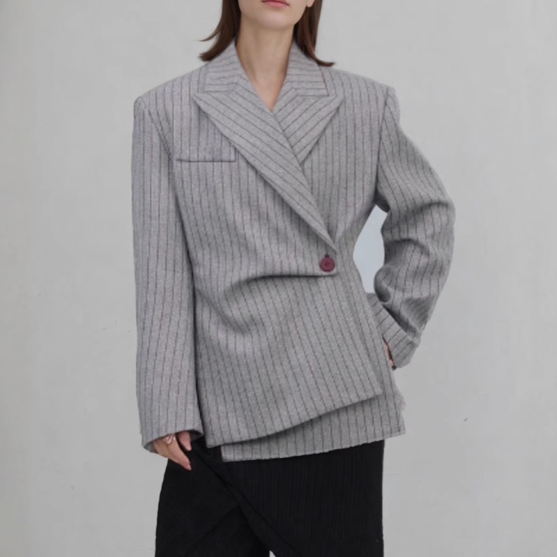 European and American Deconstructed Design Sense Striped Suit Jacket Women's Spring New Irregular Inclined Buckle Retro Grey Top Trendy