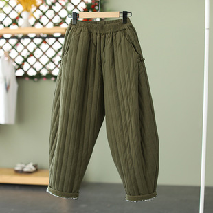 2023 Winter New Warm Cotton Thickened Vintage Down Cotton Pants Women's Outer Wear Loose Casual Pants with Loose Loose Waist