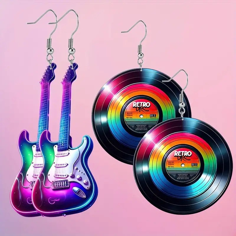 Amazon's Best-Selling Variety of Colorfulful Guitar Models 2D Flat Acrylic Backpack Pendants Vinyl Record Earrings