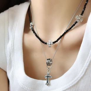 Sweet and Cool Stylish Double-Layer Black Crystal Cross Pendant Necklace Sexy Hip-Hop Niche Accessories Choker Sweater Chain