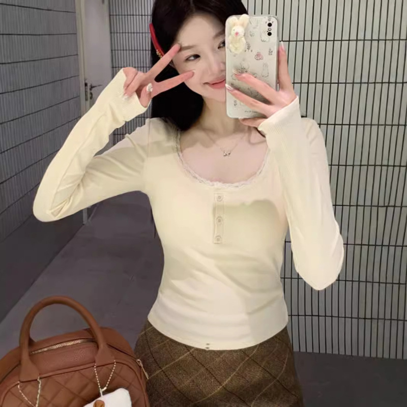 Korean Style Sanding fleece-lined Thickened Square Collarbone Base Shirt Women's Autumn and Winter New Warm Slim Fit Inner Long Sleeve Top