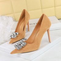 9511-K59 Korean Fashion Banquet High Heels Slim Heels, Ultra High Heels, Suede, Shallow Mouth Pointed Water Diamond Single Shoes, Women's Shoes