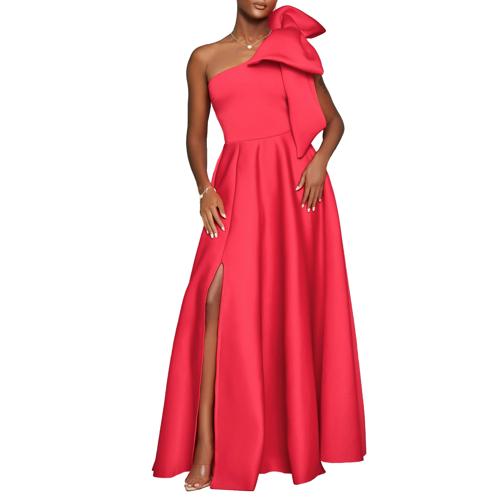 Women's One Shoulder Red Evening Dress With Bow, Elegant A-Line Maxi Gown For Wedding Guest, Prom & Formal Party_ecoleips.com