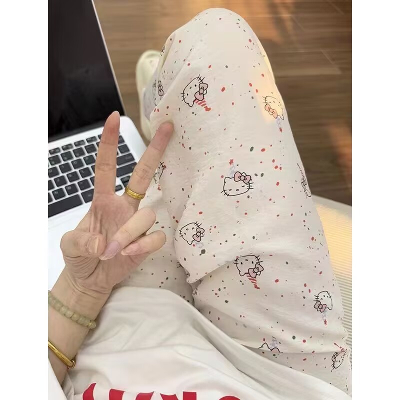 外贸可爱遛弯裤薄裤子女夏季宽松慵懒风凉凉裤可外穿印花家居长裤|undefined