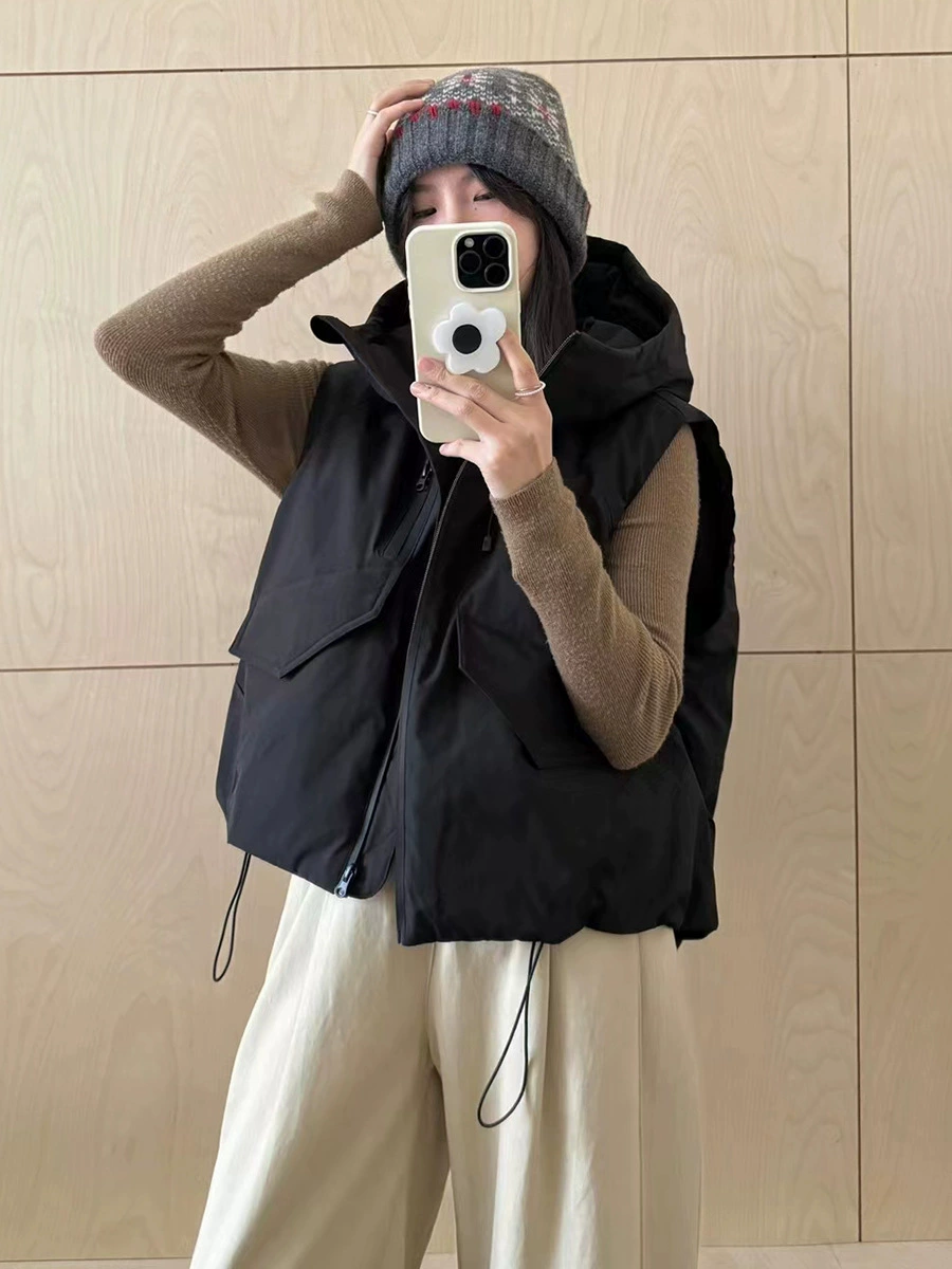 Velvet elite vest with down, demi-season fashionable travel jacket with hood, duck down