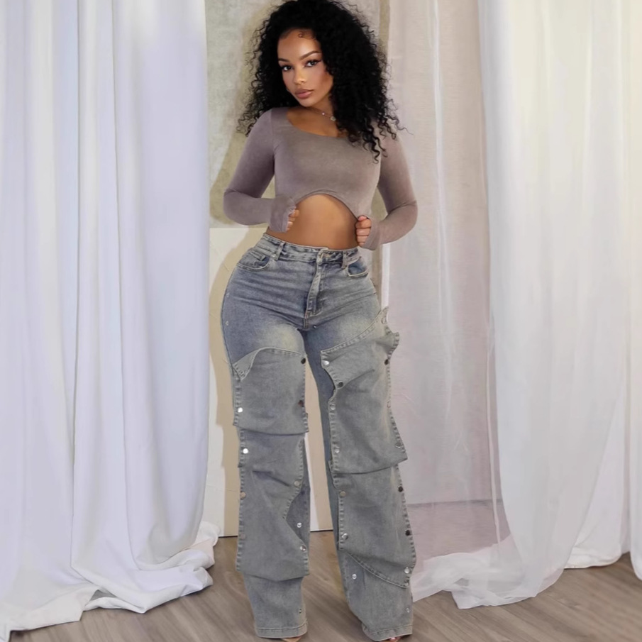 2024 가을과 겨울 새로운 거리 패션 분리 가능한 숨겨진 버튼 디자인 불규칙한 청바지 높은 허리 스트레이트 바지