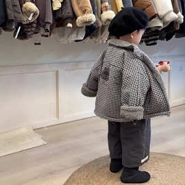 2024冬季新款儿童韩版可爱加厚保暖格子棉服洋气两面穿羊羔毛外套