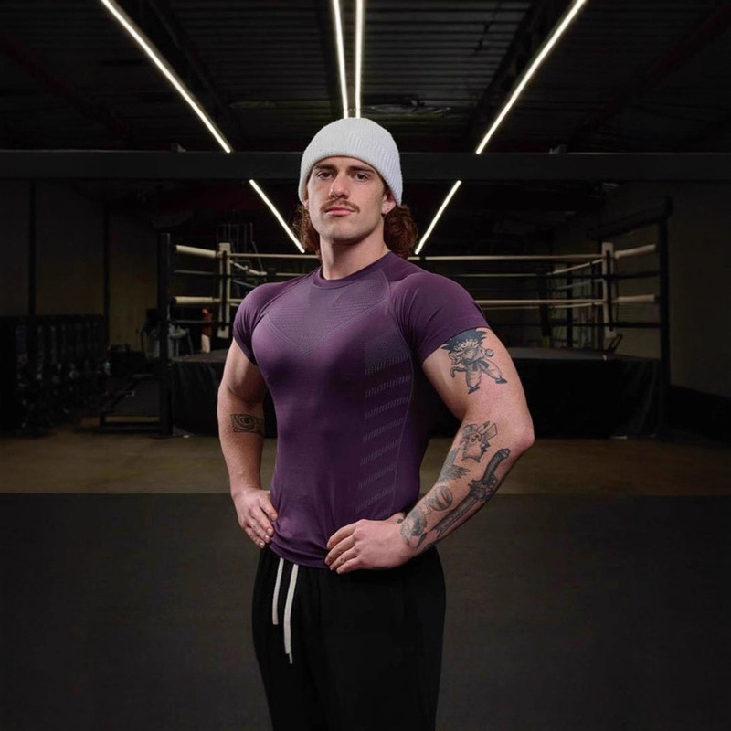Men's T-Shirt Cross-Border Light Skin Comfortable Blended Fabric Pinstripes Tight Sports Fitness Summer Small Round Neck Short Sleeves Men's T-Shirt Cross-Border Light Skin Comfortable Blended Fabric Pinstripes Tight Sports Fitness Summer Small Round Neck Short Sleeves