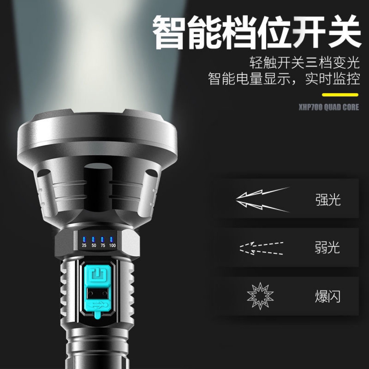 Nueva linterna recargable USB de luz fuerte, portátil y multifunción, para uso en el hogar o actividades al aire libre, suministro transfronterizo.